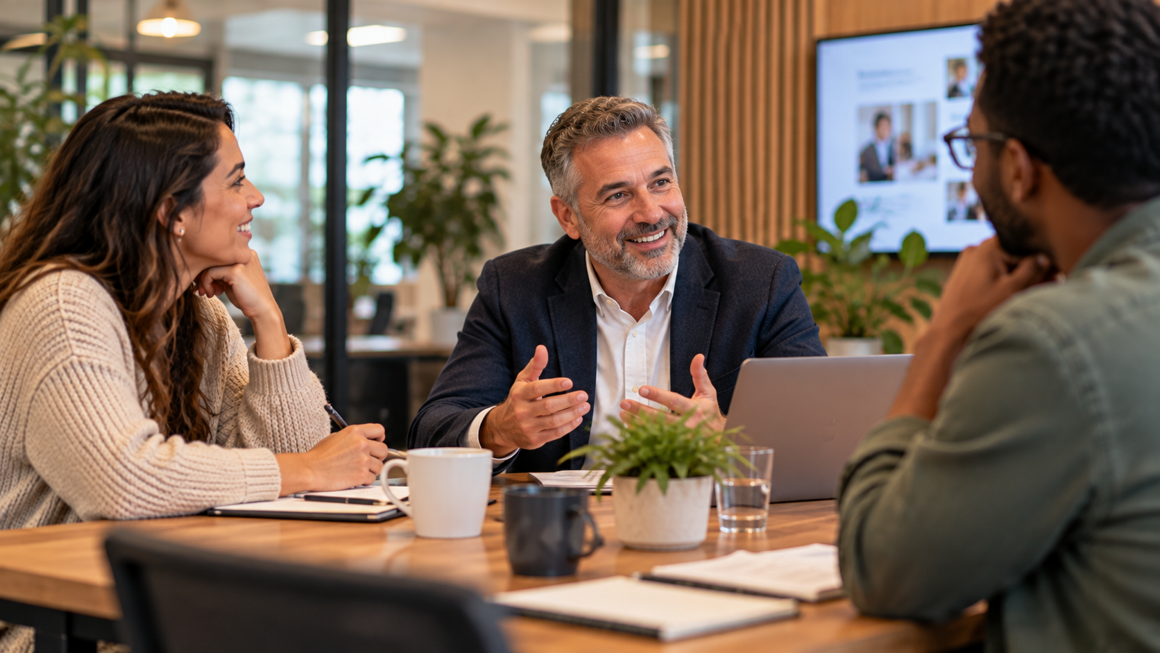 Accountmanager in pak in gesprek met twee klanten aan tafel met laptop