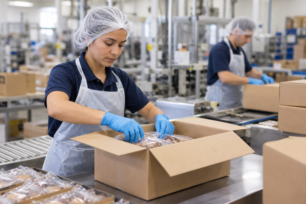 Productiemedewerker met haarnet en blauwe handschoenen pakt producten in een doos aan een productielijn